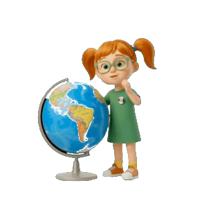 Pilca, la exploradora de Laialá, junto a un globo terráqueo